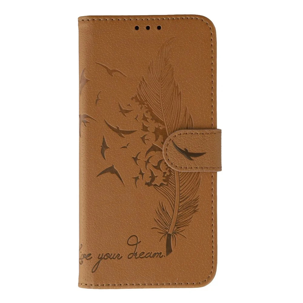 For Samsung Galaxy A05 4G Case Feather Imprint PU Leather Wallet Phone Cover - Brown - 4