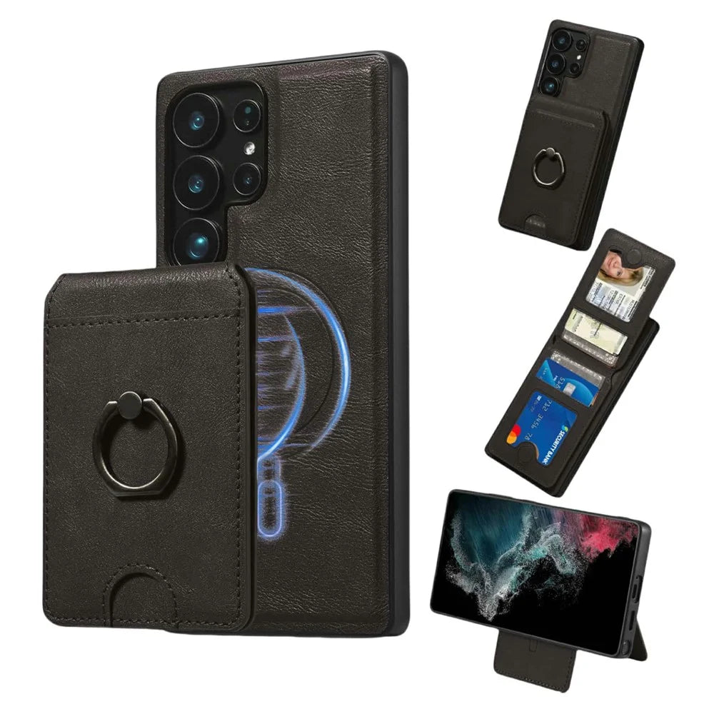 For Samsung Galaxy S24 Ultra Magnetic Case PC + PU Phone Back Cover with Detachable Card Holder - Black - 1