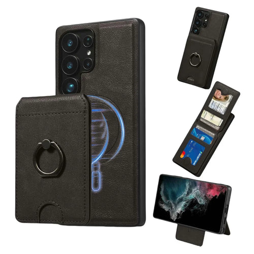 For Samsung Galaxy S24 Ultra Magnetic Case PC + PU Phone Back Cover with Detachable Card Holder - Black - 1