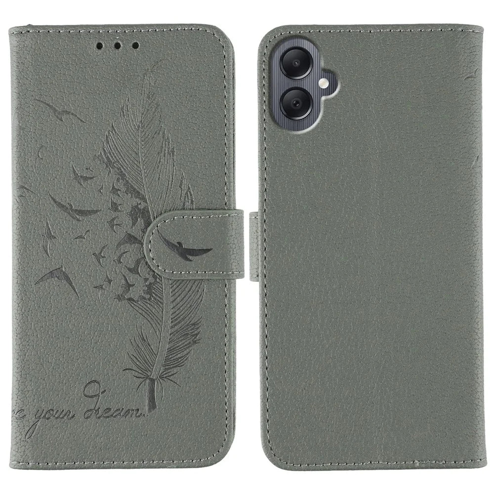 For Samsung Galaxy A08 5G / A08 4G / A07 4G / A06 4G / A06 5G Case Feather Imprint PU Leather Wallet Phone Cover - Grey - 1