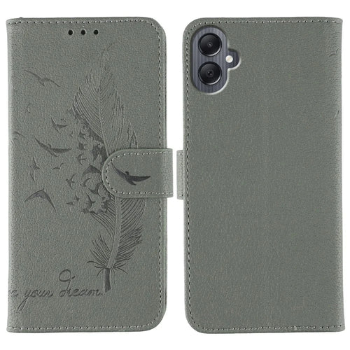 For Samsung Galaxy A08 5G / A08 4G / A07 4G / A06 4G / A06 5G Case Feather Imprint PU Leather Wallet Phone Cover - Grey - 1