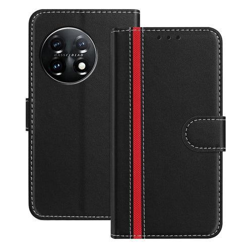 For OnePlus 11 5G Phone Cases Wallet Stand Color Splicing Leather Cover with Magnetic Clasp - Black - 1