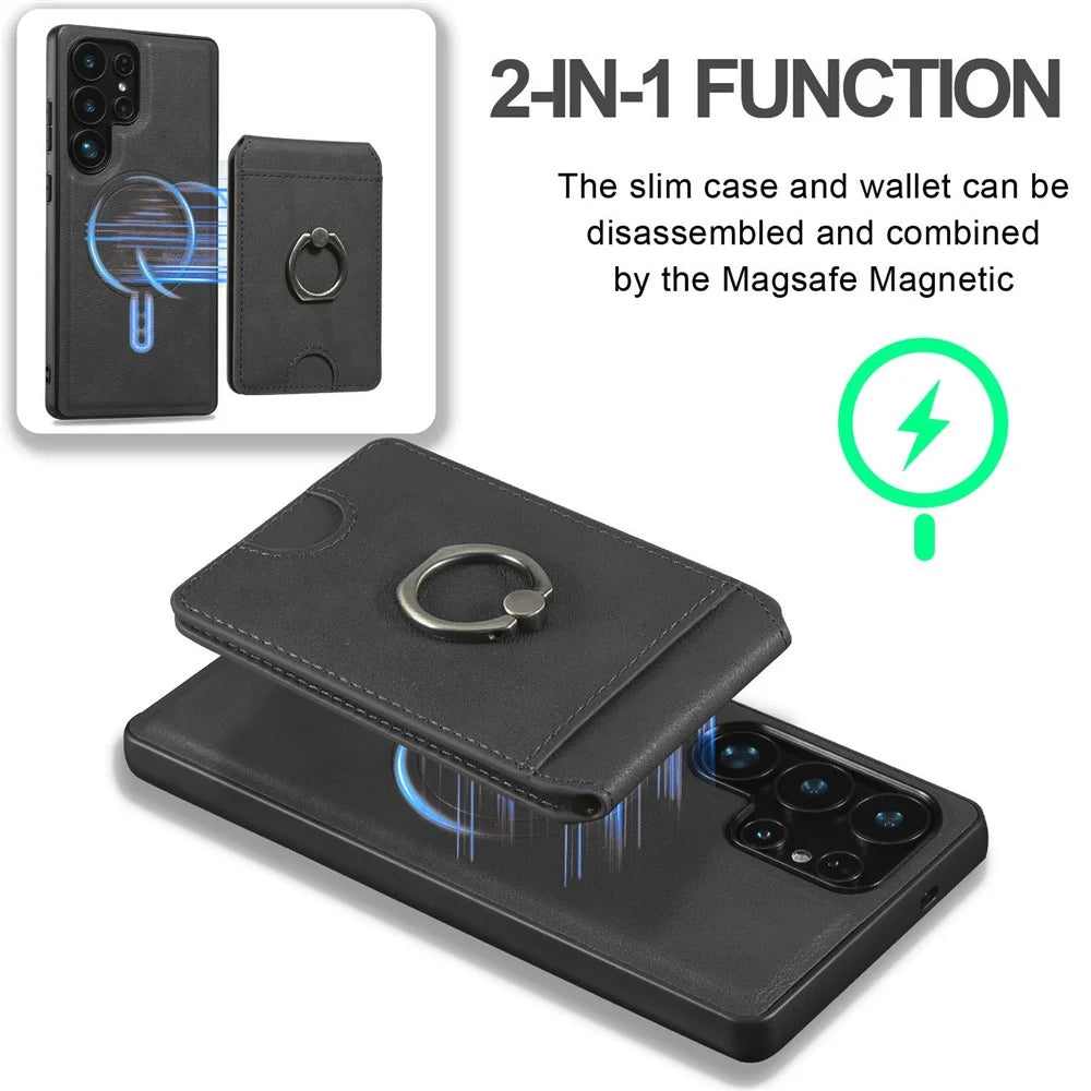 For Samsung Galaxy S23 Ultra Magnetic Case PC + PU Phone Back Cover with Detachable Card Holder - Black - 3