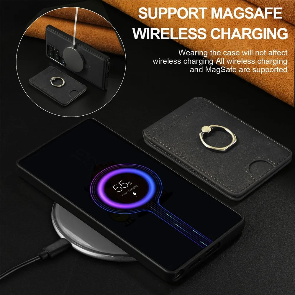 For Samsung Galaxy S23 Ultra Magnetic Case PC + PU Phone Back Cover with Detachable Card Holder - Black - 7
