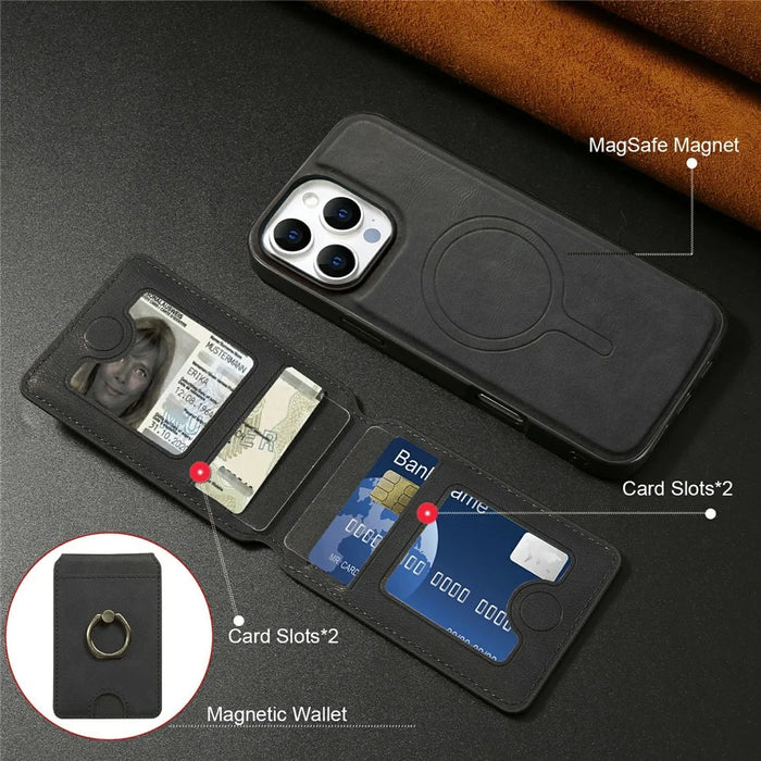 For iPhone 16 Pro Max Magnetic Case PC + PU Phone Back Cover with Detachable Card Holder - Black - 5
