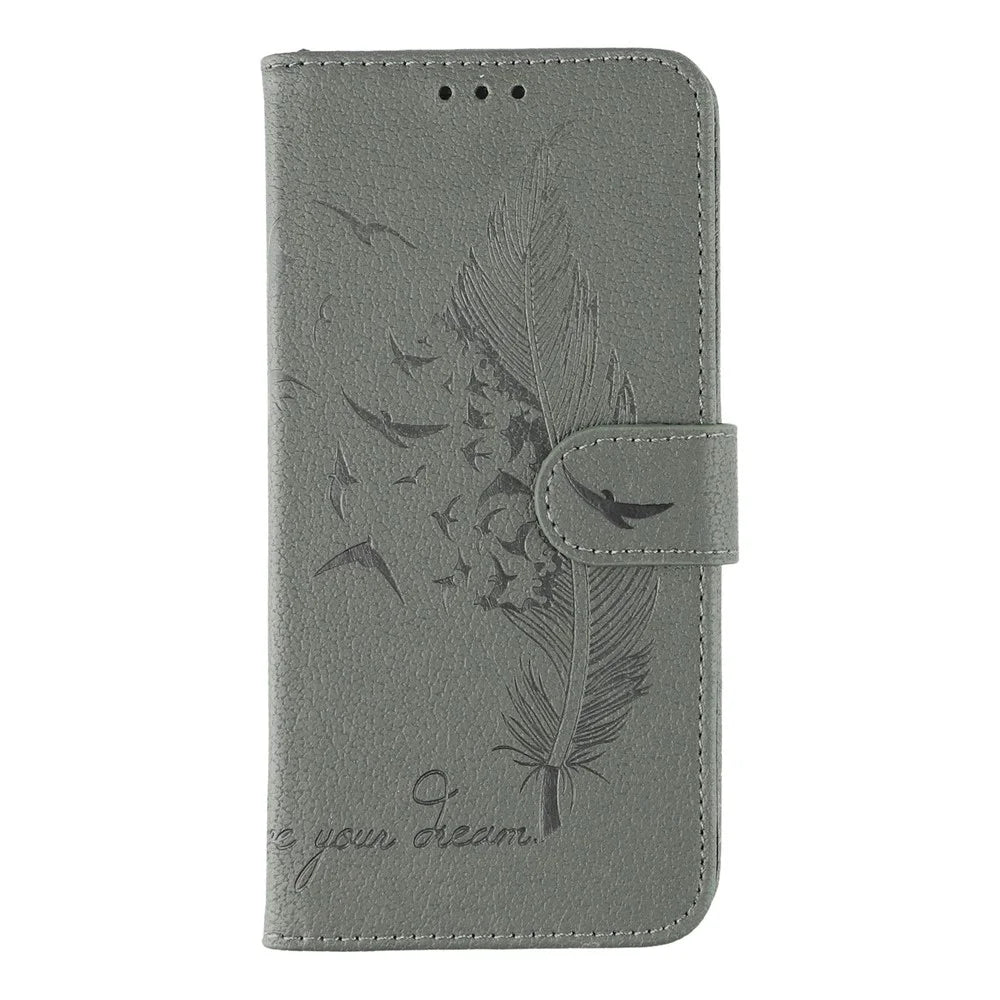 For Samsung Galaxy A06s Case Feather Imprint PU Leather Wallet Phone Cover - Grey - 4
