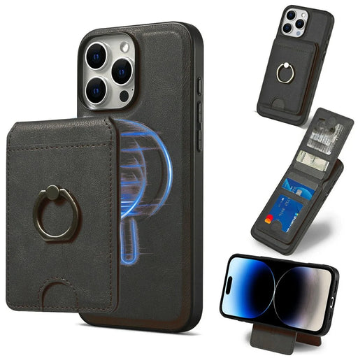 For iPhone 15 Pro Magnetic Case PC + PU Phone Back Cover with Detachable Card Holder - Black - 1