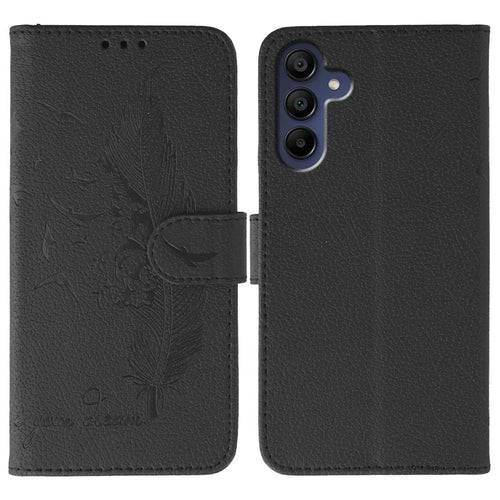 For Samsung Galaxy A25 5G (Global) (161.0mm) Case Feather Imprint PU Leather Wallet Phone Cover - Black - 1