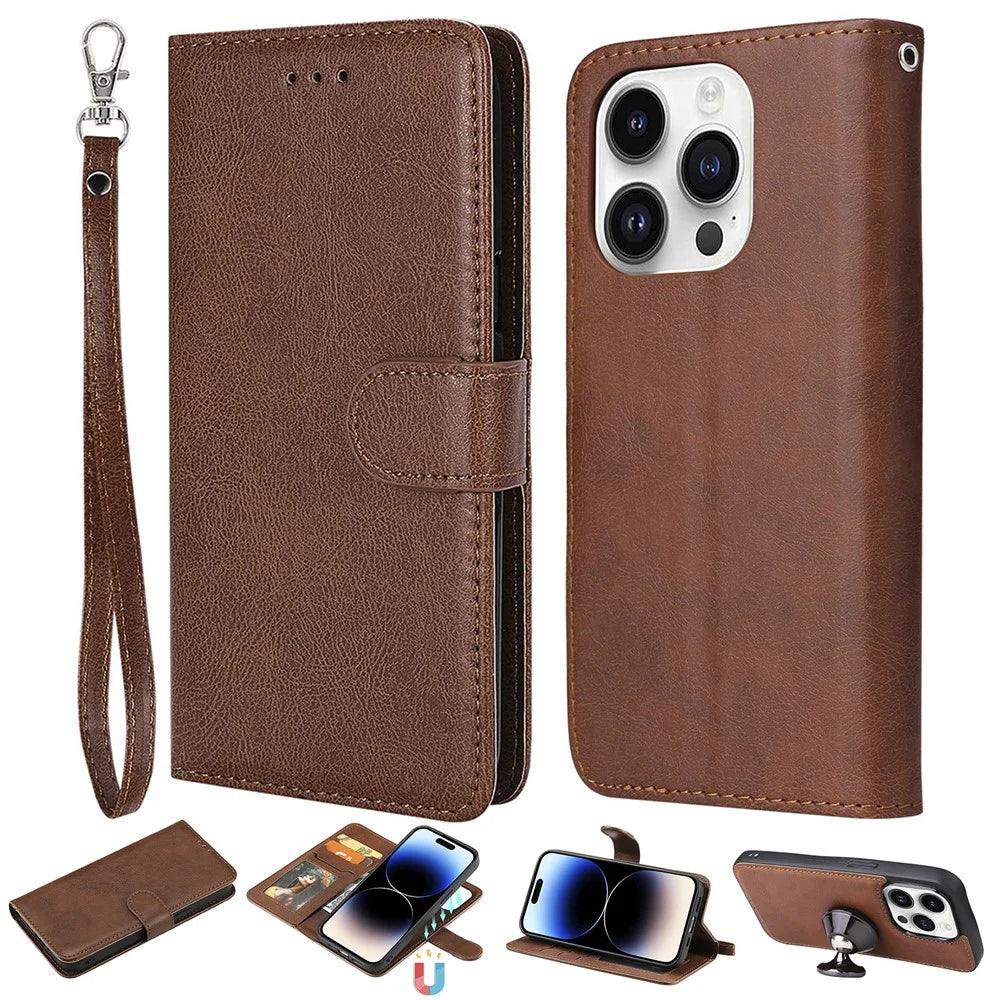 For iPhone 14 Pro Case 2 in 1 Detachable Magnetic Leather Wallet Mobile Cover with Strap - Brown - 1