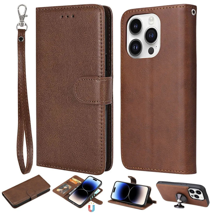For iPhone 14 Pro Case 2 in 1 Detachable Magnetic Leather Wallet Mobile Cover with Strap - Brown - 1