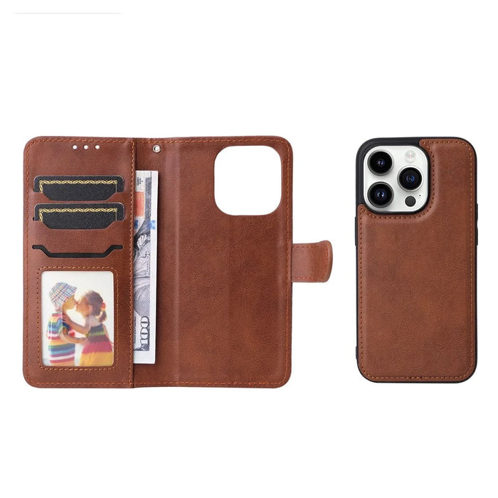 For iPhone 14 Pro Case 2 in 1 Detachable Magnetic Leather Wallet Mobile Cover with Strap - Brown - 7
