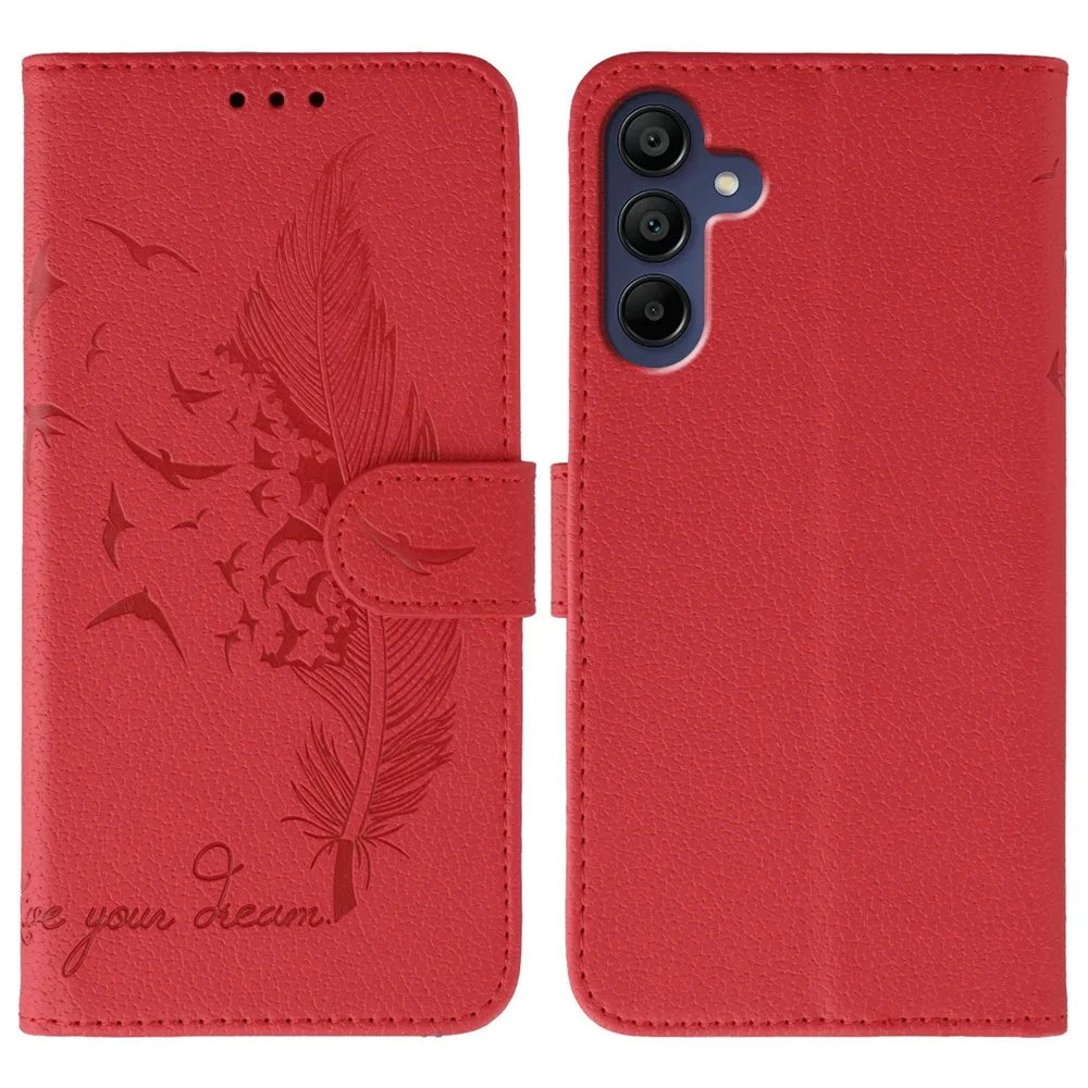 For Samsung Galaxy A35 5G Case Feather Imprint PU Leather Wallet Phone Cover - Red - 1