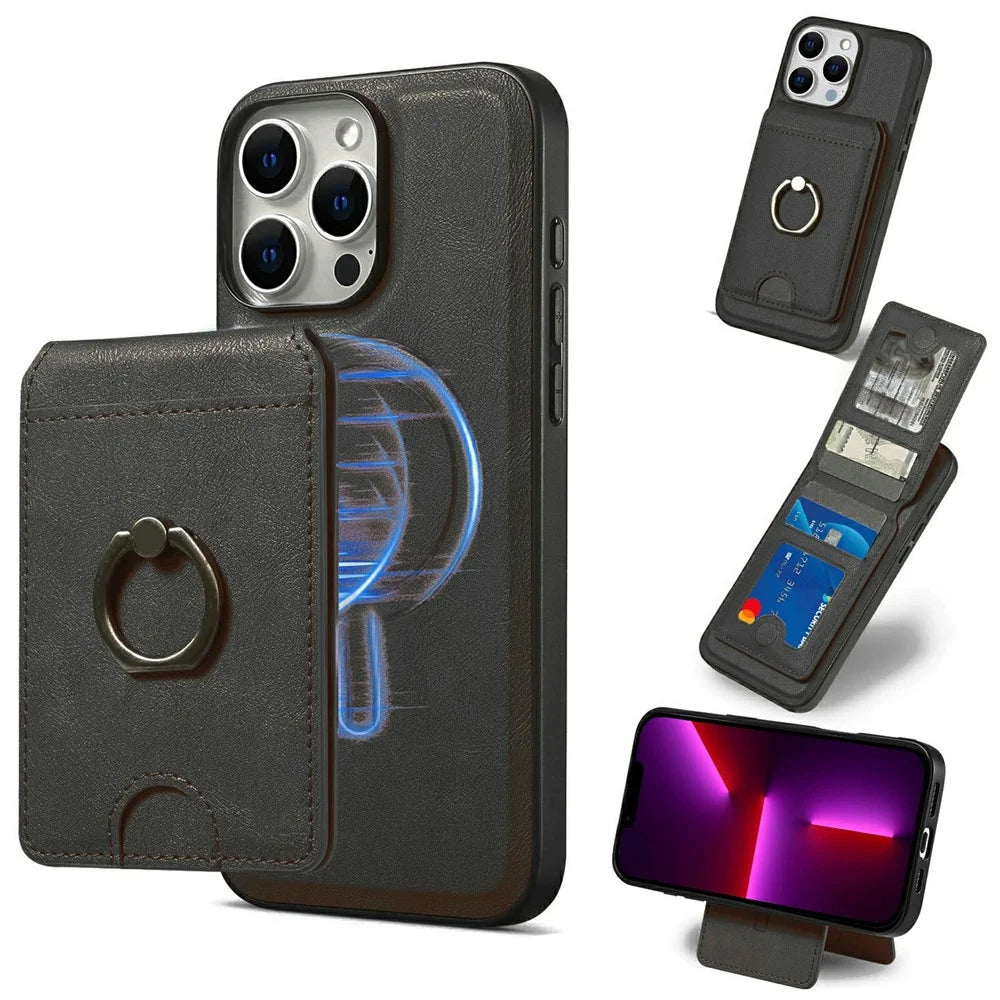 For iPhone 13 Pro Max Magnetic Case PC + PU Phone Back Cover with Detachable Card Holder - Black - 1