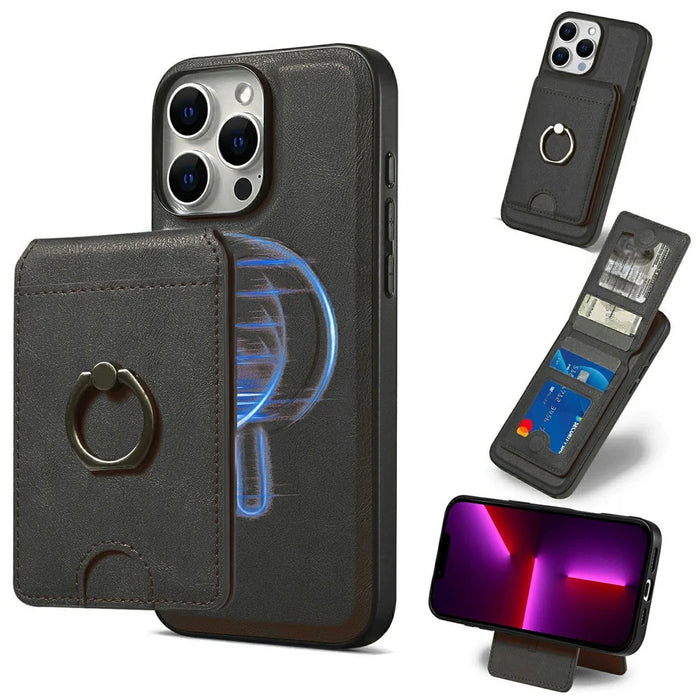 For iPhone 13 Pro Max Magnetic Case PC + PU Phone Back Cover with Detachable Card Holder - Black - 1
