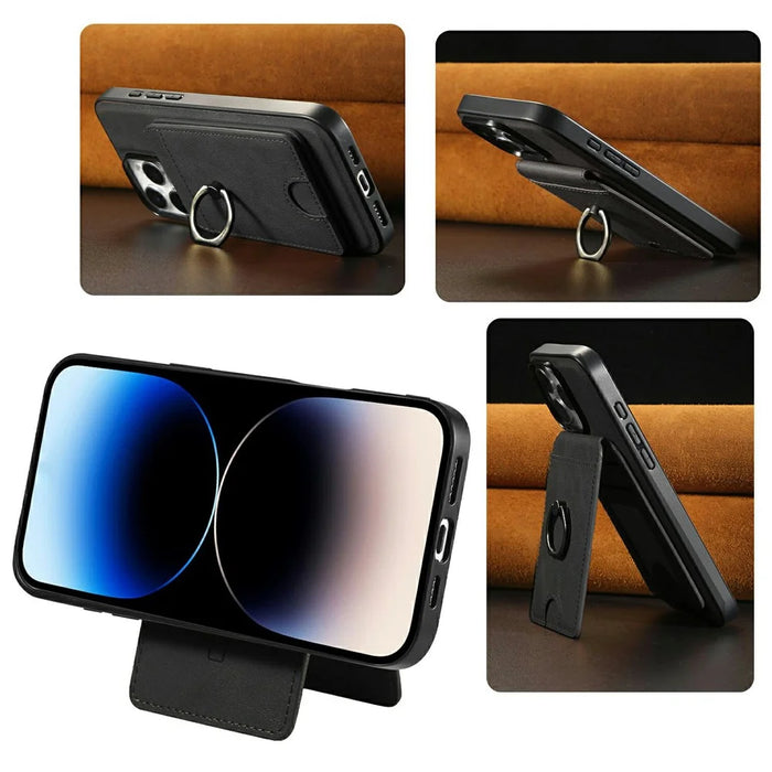 For iPhone 13 Pro Max Magnetic Case PC + PU Phone Back Cover with Detachable Card Holder - Black - 2