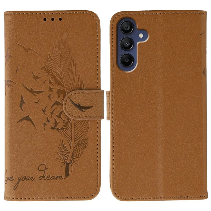 For Samsung Galaxy A55 5G Case Feather Imprint PU Leather Wallet Phone Cover - Brown - 1