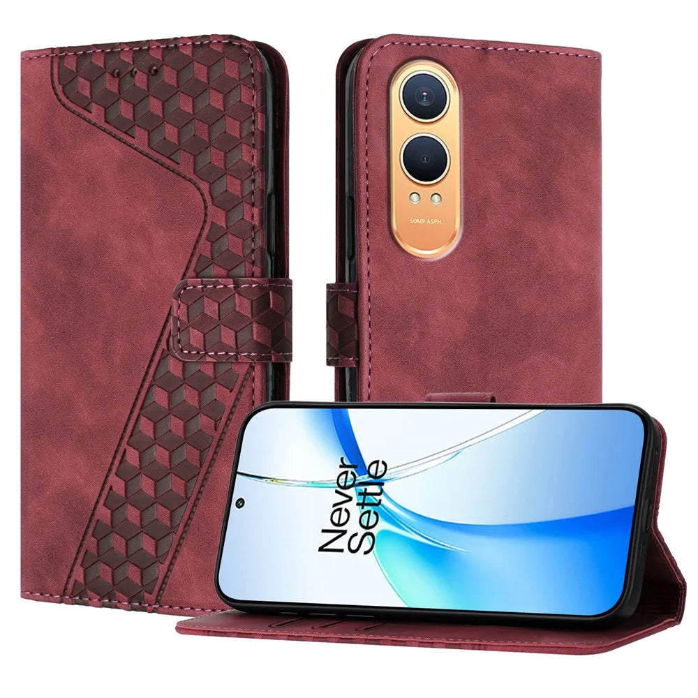 For OnePlus Nord CE4 Lite 5G Leather Case 7-Shaped Pattern Wallet Stand Shockproof Phone Cover - Brown - 1