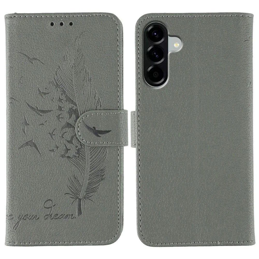 For Samsung Galaxy A56 5G / M56 5G Case Feather Imprint PU Leather Wallet Phone Cover - Grey - 1