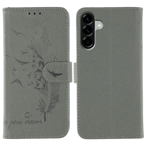 For Samsung Galaxy A56 5G / M56 5G Case Feather Imprint PU Leather Wallet Phone Cover - Grey - 1