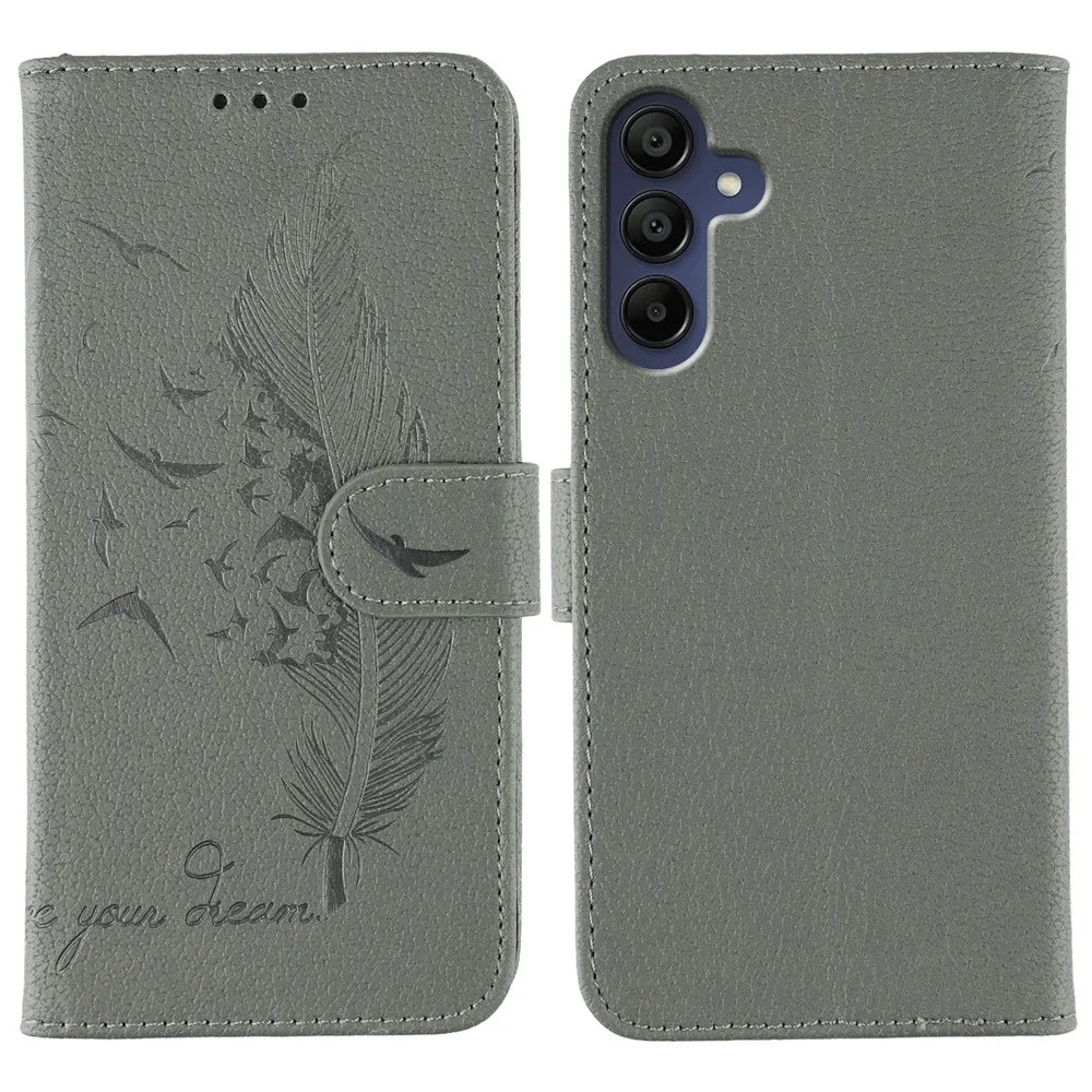 For Samsung Galaxy S25+ / S24+ Case Feather Imprint PU Leather Wallet Phone Cover - Grey - 1