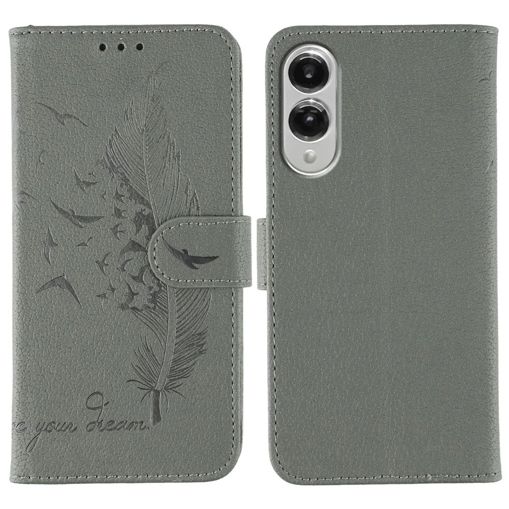 For Samsung Galaxy S25 Edge Case Feather Imprint PU Leather Wallet Phone Cover - Grey - 1
