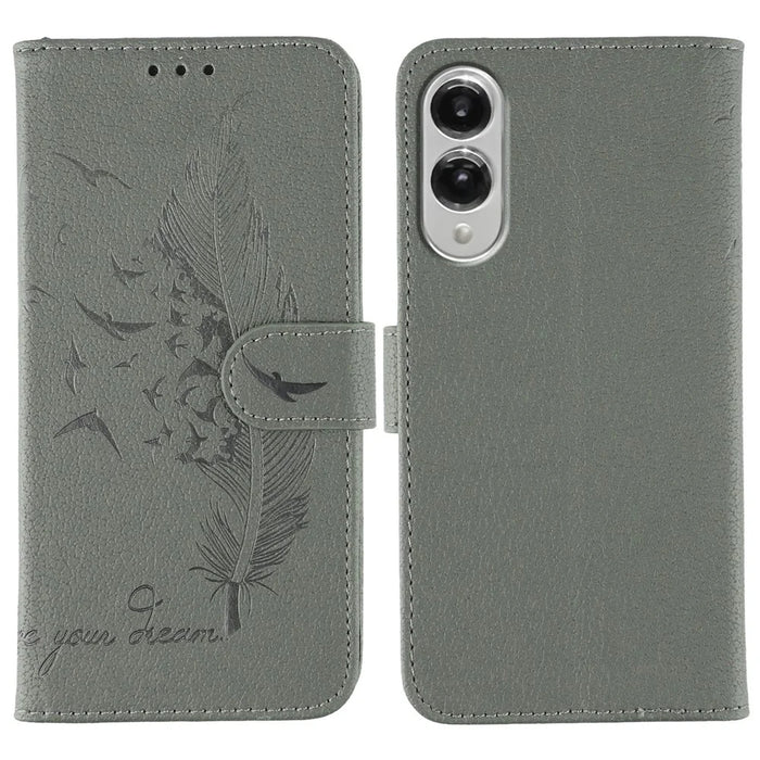 For Samsung Galaxy S25 Edge Case Feather Imprint PU Leather Wallet Phone Cover - Grey - 1