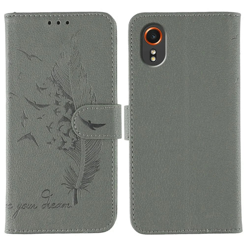 For Samsung Galaxy Xcover7 Case Feather Imprint PU Leather Wallet Phone Cover - Grey - 1