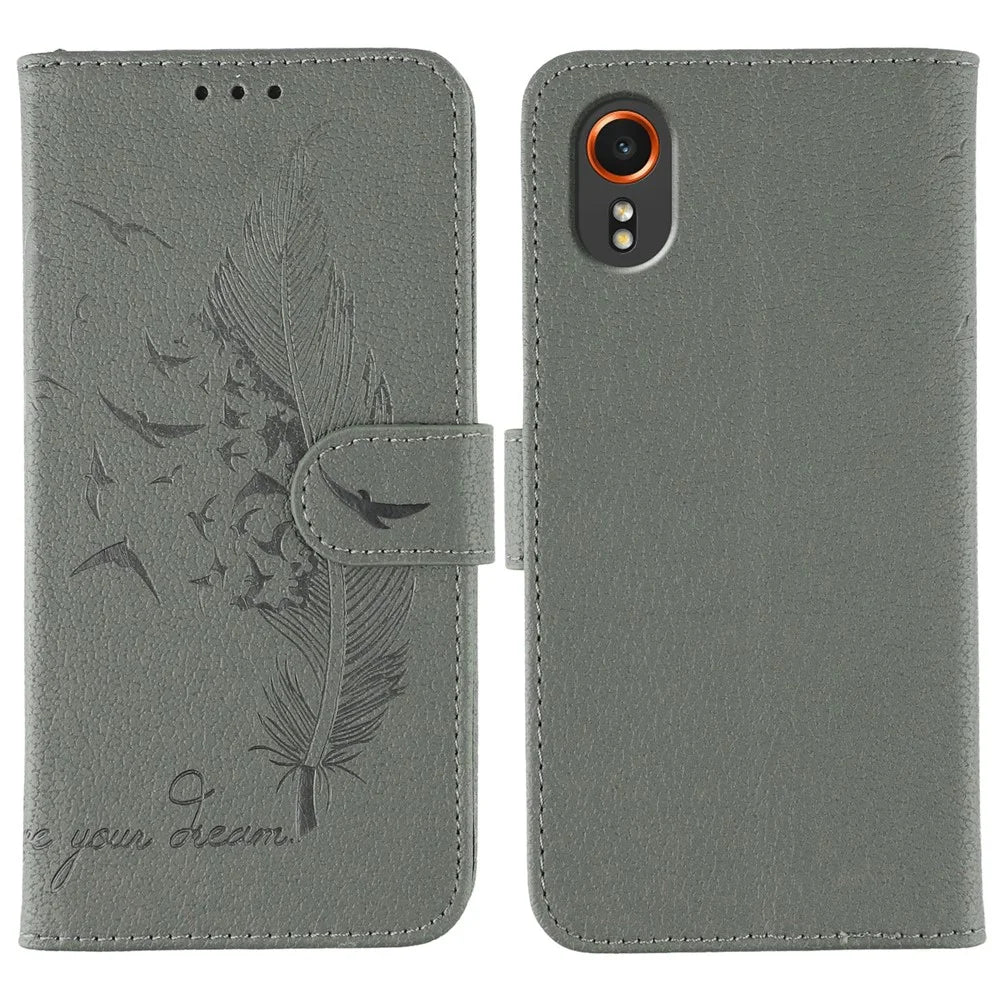 For Samsung Galaxy Xcover7 Case Feather Imprint PU Leather Wallet Phone Cover - Grey - 1