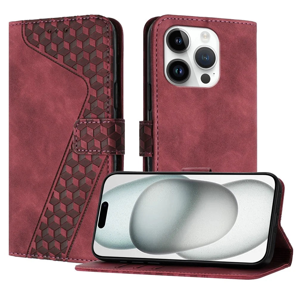 For iPhone 15 Pro Leather Case 7-Shaped Pattern Wallet Stand Shockproof Phone Cover - Brown - 1