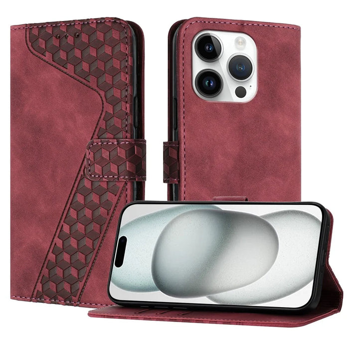 For iPhone 15 Pro Leather Case 7-Shaped Pattern Wallet Stand Shockproof Phone Cover - Brown - 1