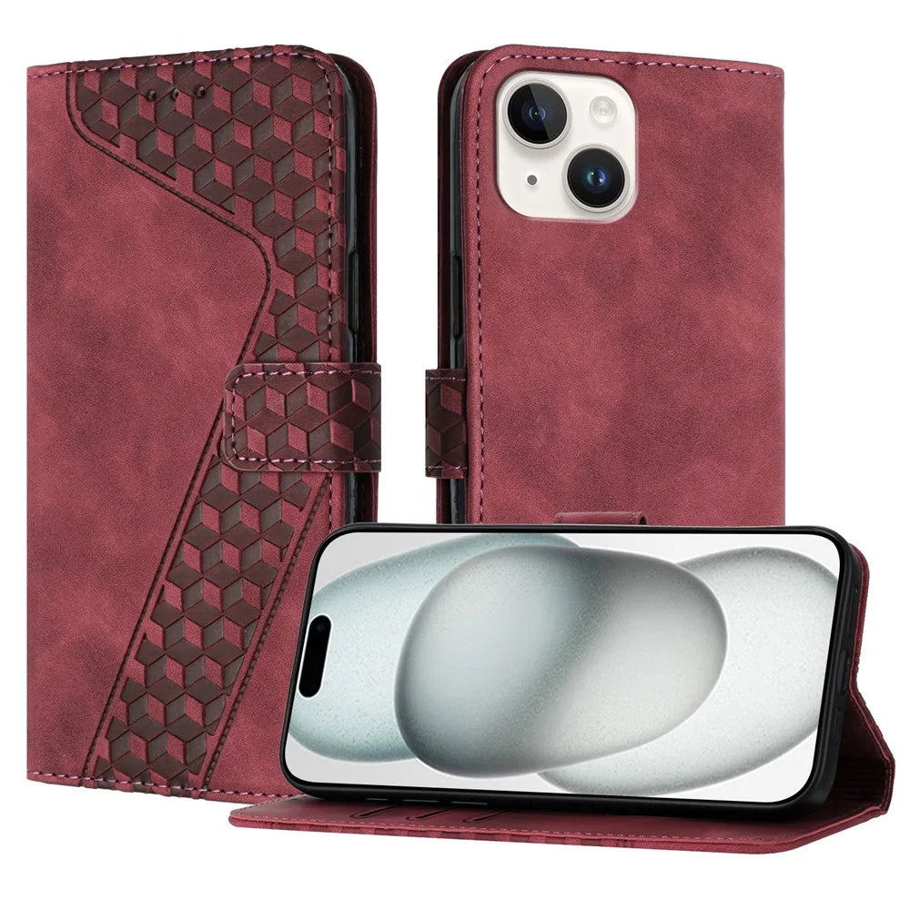 For iPhone 15 Leather Case 7-Shaped Pattern Wallet Stand Shockproof Phone Cover - Brown - 1