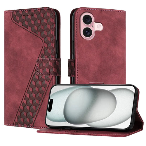 For iPhone 16 Leather Case 7-Shaped Pattern Wallet Stand Shockproof Phone Cover - Brown - 1