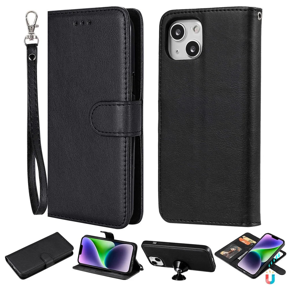 For iPhone 14 Case 2 in 1 Detachable Magnetic Leather Wallet Mobile Cover with Strap - Black - 1