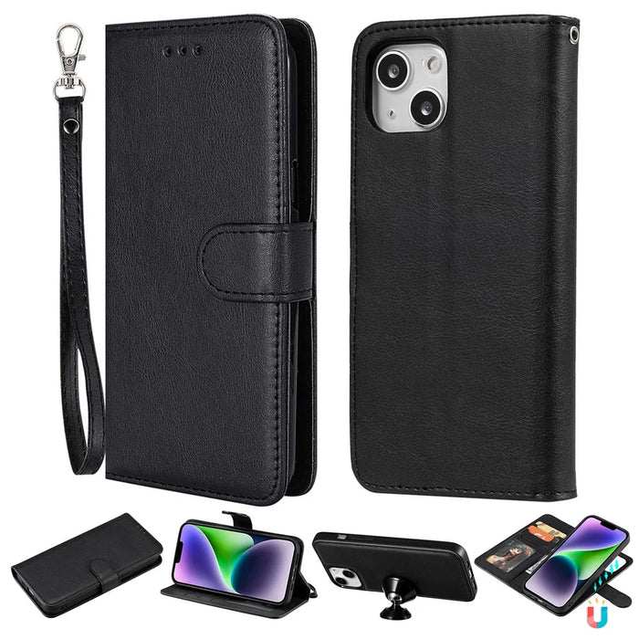 For iPhone 14 Case 2 in 1 Detachable Magnetic Leather Wallet Mobile Cover with Strap - Black - 1