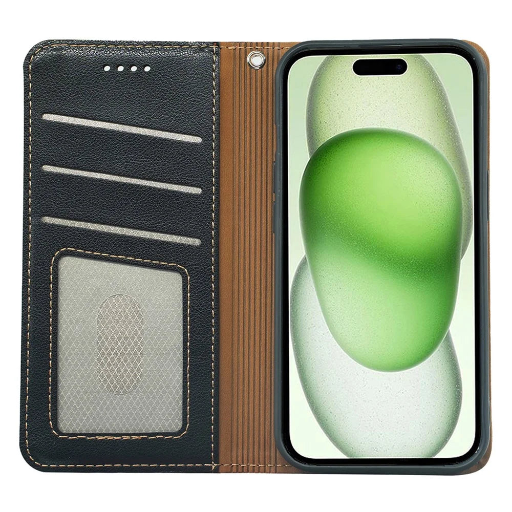 For iPhone 15 Case Wallet RFID Blocking Leather Phone Cover Strong Magnetic Closure - Black - 2