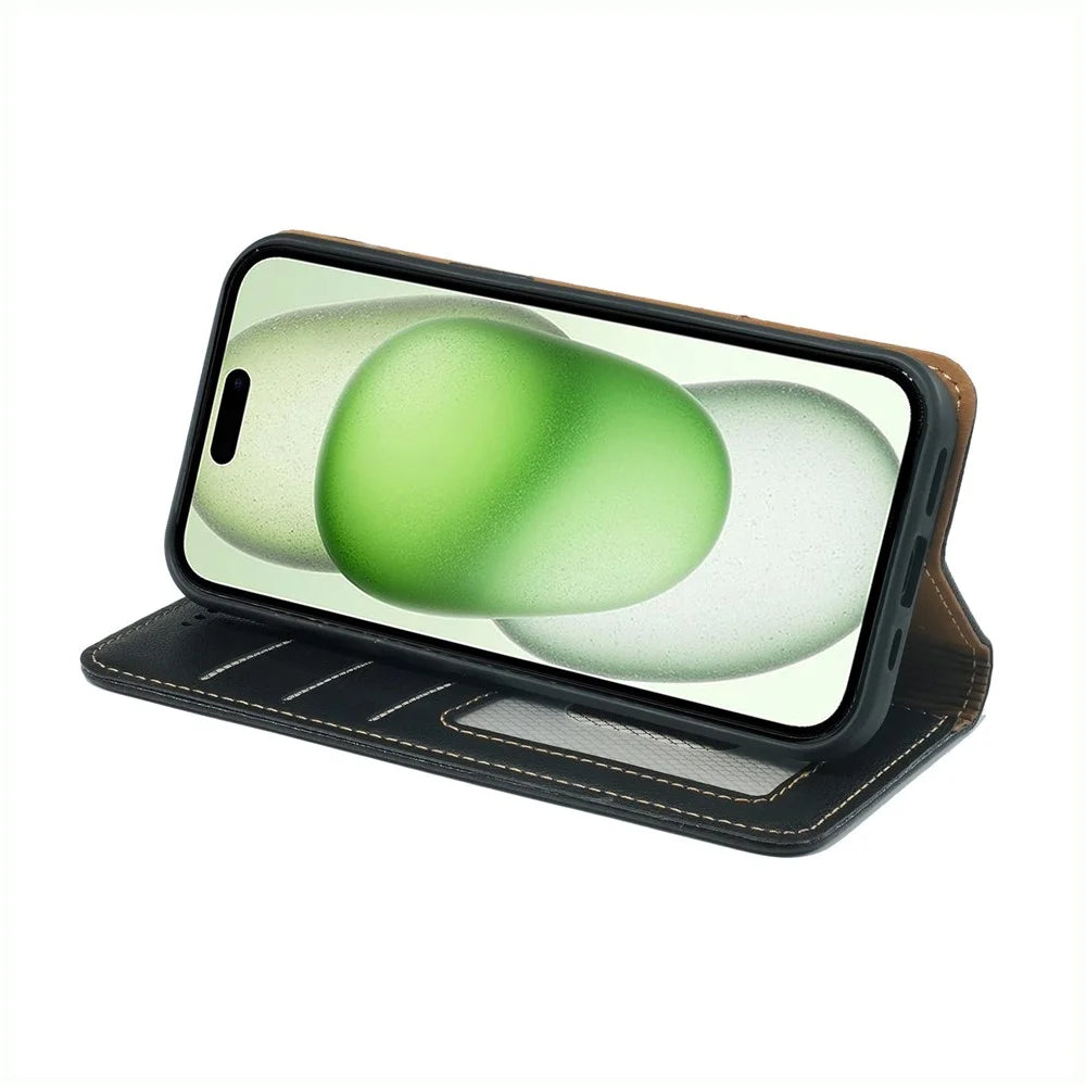 For iPhone 15 Case Wallet RFID Blocking Leather Phone Cover Strong Magnetic Closure - Black - 3
