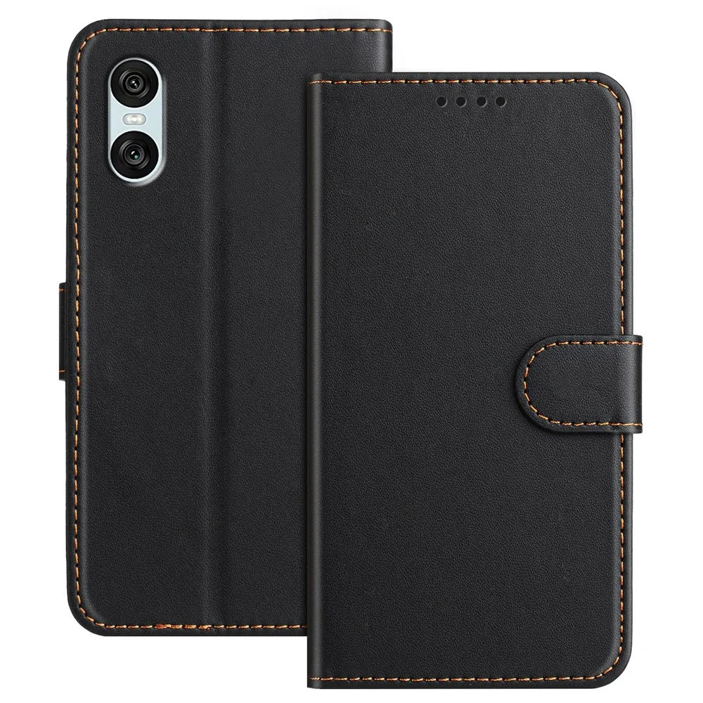 For Sony Xperia 10 VI Leather Case Wallet Stand Solid Color Anti Drop Phone Cover - Black - 1
