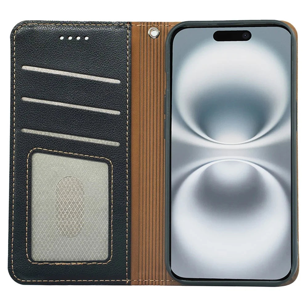 For iPhone 16 Case Wallet RFID Blocking Leather Phone Cover Strong Magnetic Closure - Black - 3