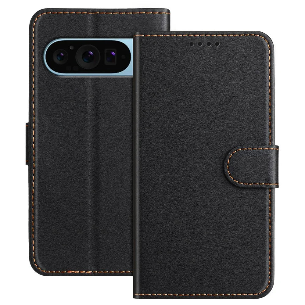 For Google Pixel 9 Leather Case Wallet Stand Solid Color Anti Drop Phone Cover - Black - 1