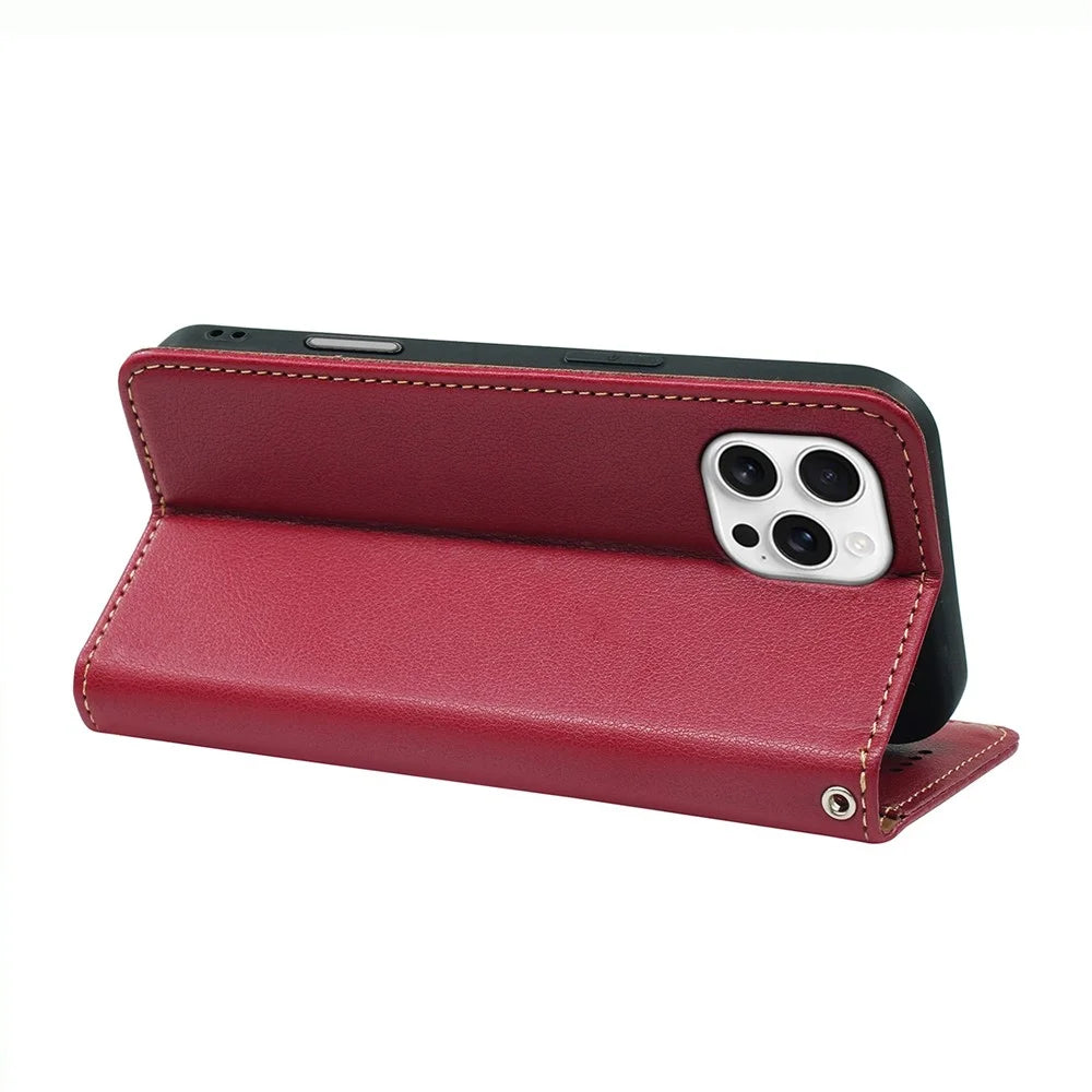 For iPhone 16 Pro Max Case Wallet RFID Blocking Leather Phone Cover Strong Magnetic Closure - Red - 4