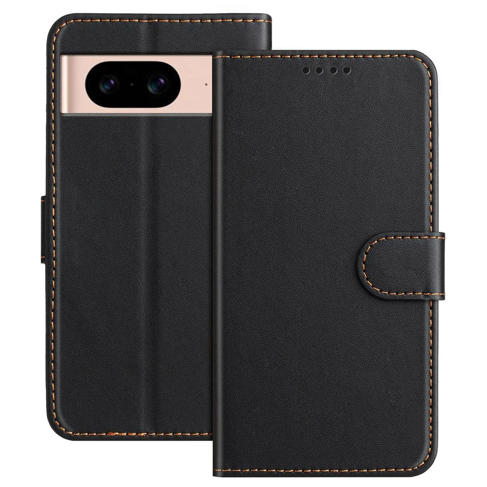 For Google Pixel 8a Leather Case Wallet Stand Solid Color Anti Drop Phone Cover - Black - 1