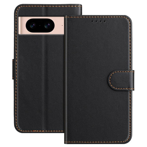 For Google Pixel 8a Leather Case Wallet Stand Solid Color Anti Drop Phone Cover - Black - 1