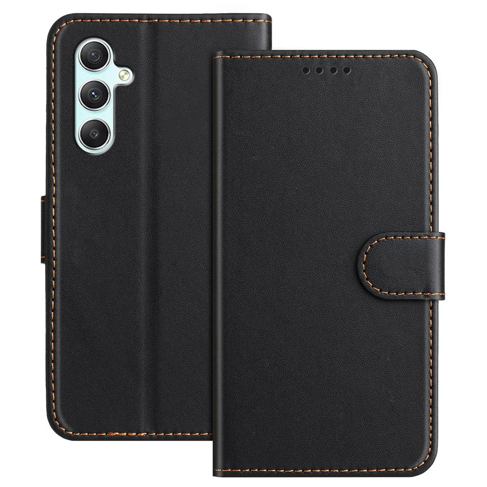 For Samsung Galaxy A34 5G Leather Case Wallet Stand Solid Color Anti Drop Phone Cover - Black - 1