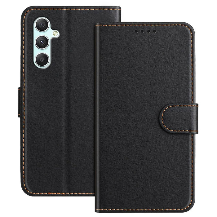 For Samsung Galaxy A34 5G Leather Case Wallet Stand Solid Color Anti Drop Phone Cover - Black - 1