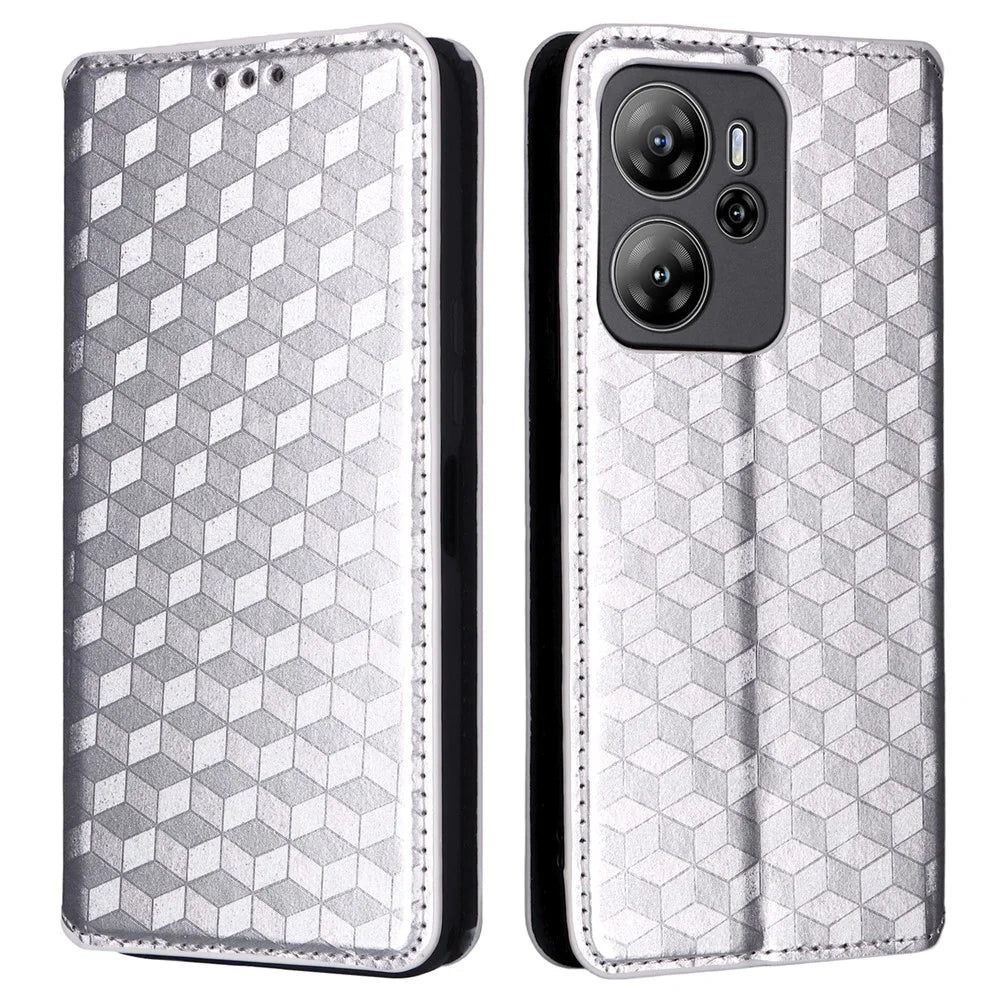 For Blackview Oscal Tiger 13 Case Wallet Rhombus Imprinted Leather Phone Cover - Silver - 1