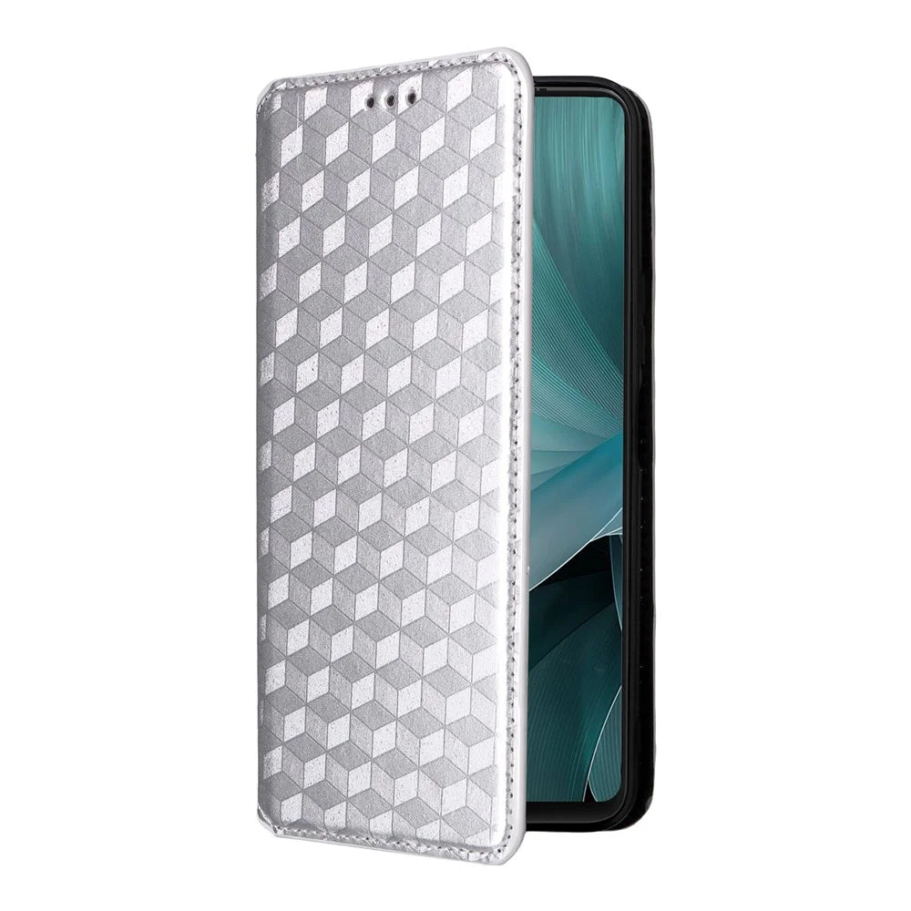 For Blackview Oscal Tiger 13 Case Wallet Rhombus Imprinted Leather Phone Cover - Silver - 6
