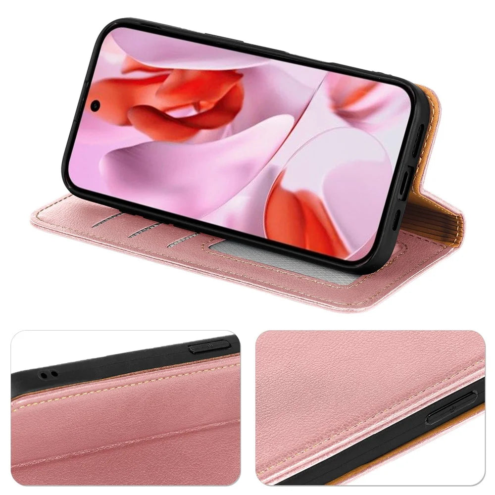 For Google Pixel 9 Pro XL Case Wallet RFID Blocking Leather Phone Cover Strong Magnetic Closure - Rose Gold - 3