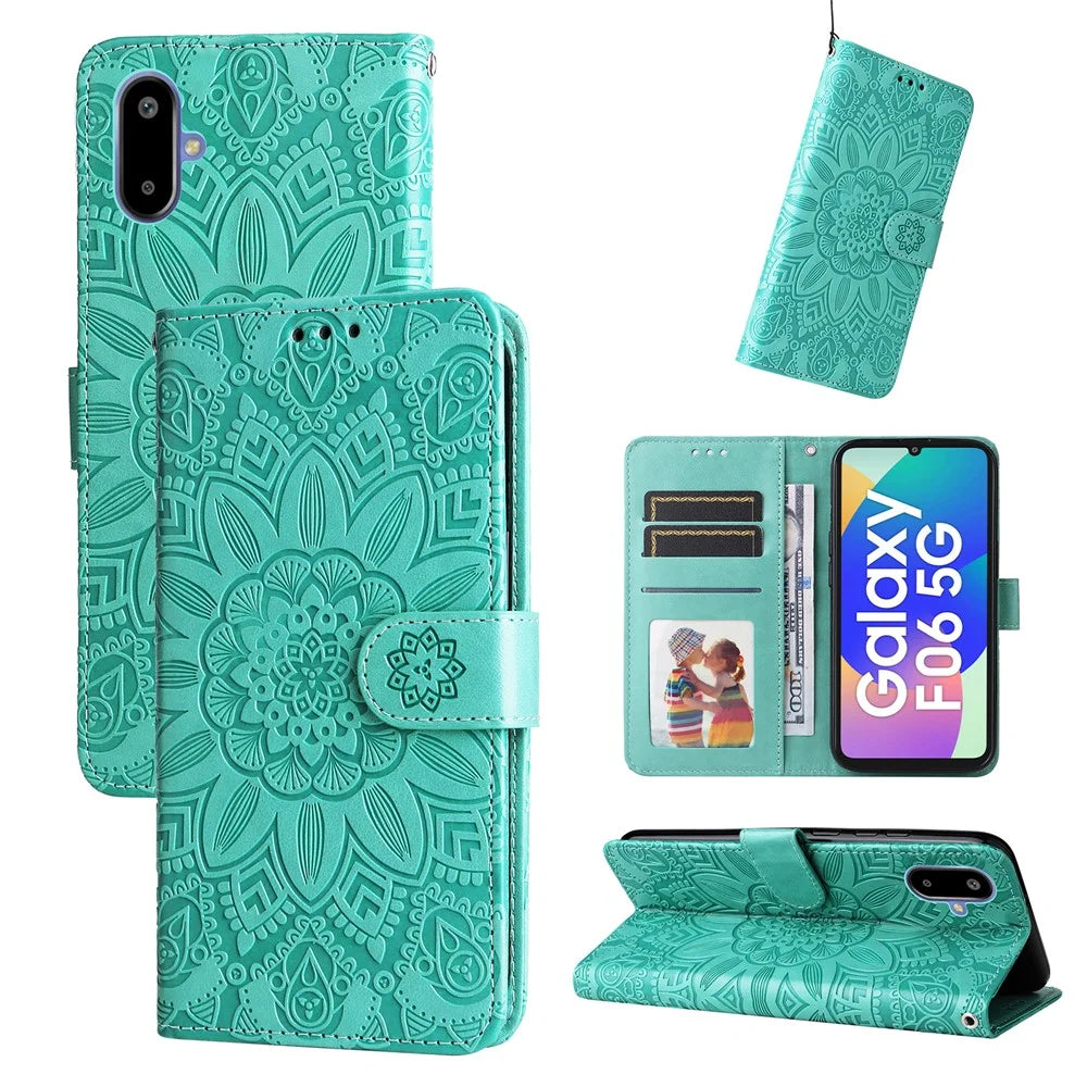 For Samsung Galaxy F06 5G Case Sunflower Imprint Leather Wallet Phone Cover - Green - 2