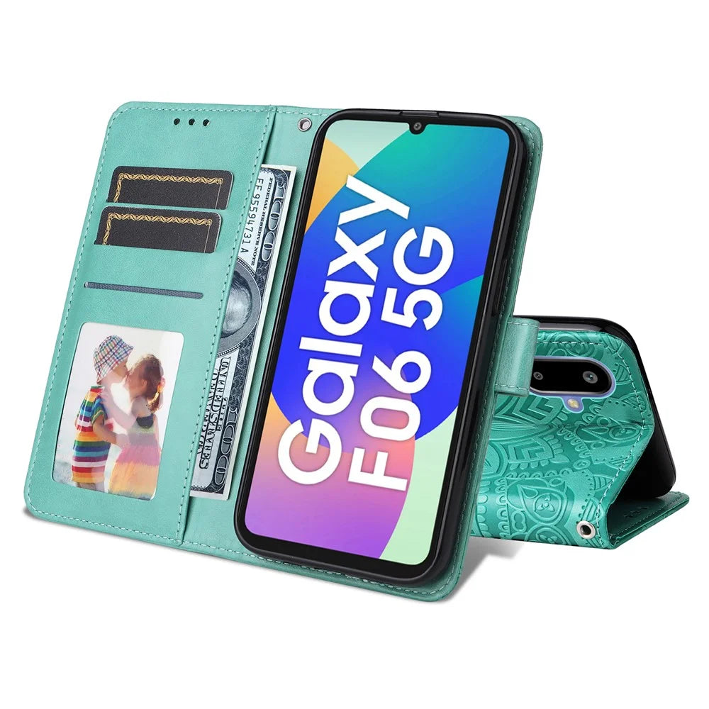 For Samsung Galaxy F06 5G Case Sunflower Imprint Leather Wallet Phone Cover - Green - 3