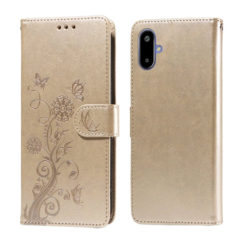 For Samsung Galaxy F06 5G Leather Case Butterfly Floral Imprint Wallet Stand Cover - Golden - 1